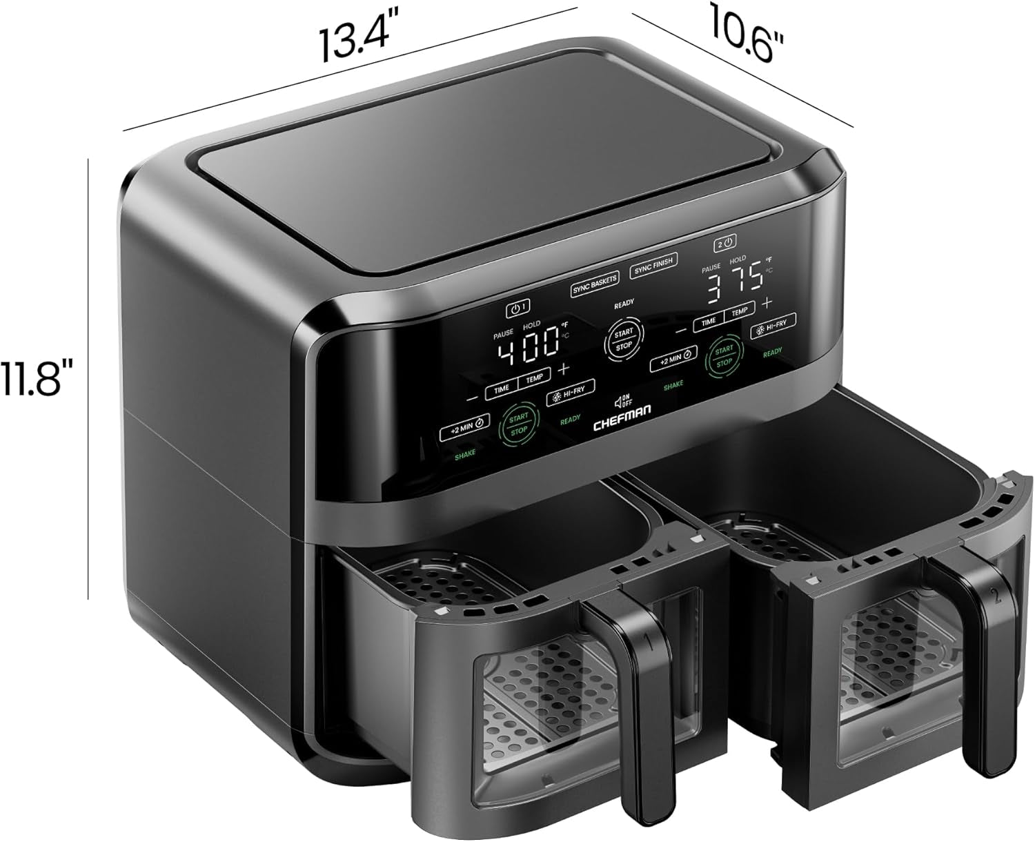 6 Quart Dual Basket Air Fryer Oven with Easy View Windows, Sync Finish, Hi-Fry, Auto Shutoff, 2 Independent 3Qt Nonstick Dishwasher Safe Frying Baskets, Digital Double Air Fryer - Black