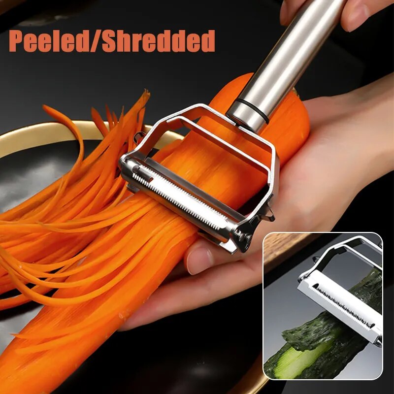 A stainless steel kitchen vegetable peeler is shown peeling a carrot. The peeler has a dual-purpose design with additional attachments shown in the inset images.