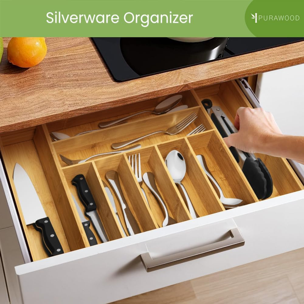 Maximize Your Space with the Purawood Expandable Bamboo Drawer Organizer - Elegant Natural Finish with Adjustable 7-9 Slots for Utensils and More