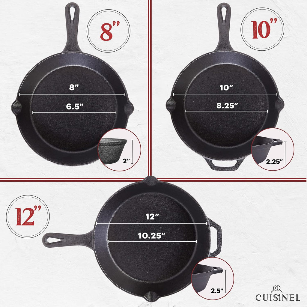 Cuisinel Pre-Seasoned Cast Iron Skillet Set with Lids - 8", 10", and 12" Covered Frying Pans with Silicone Handles, Lid Holders, and Cleaning Scraper for Versatile Indoor/Outdoor Cooking