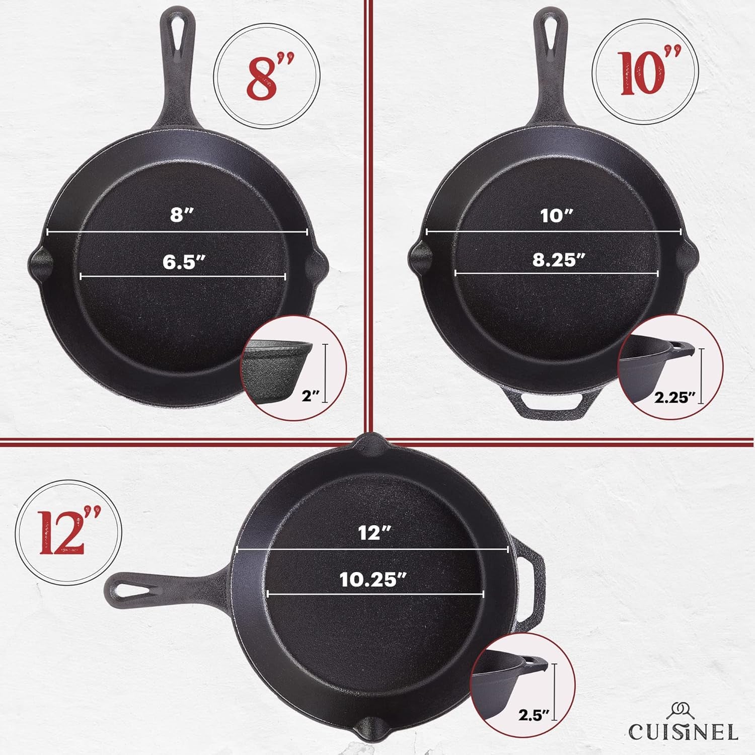 Cuisinel Pre-Seasoned Cast Iron Skillet Set with Lids - 8", 10", and 12" Covered Frying Pans with Silicone Handles, Lid Holders, and Cleaning Scraper for Versatile Indoor/Outdoor Cooking