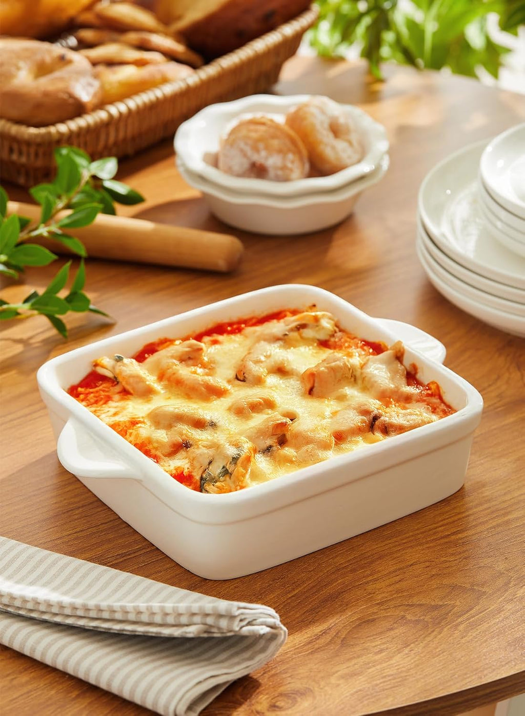 8X8 Inch Square Porcelain Baking Dish with Double Handles - Non-Stick Oven Casserole Pan for Brownie, Lasagna, Roasting - Great for Serving or Cooking