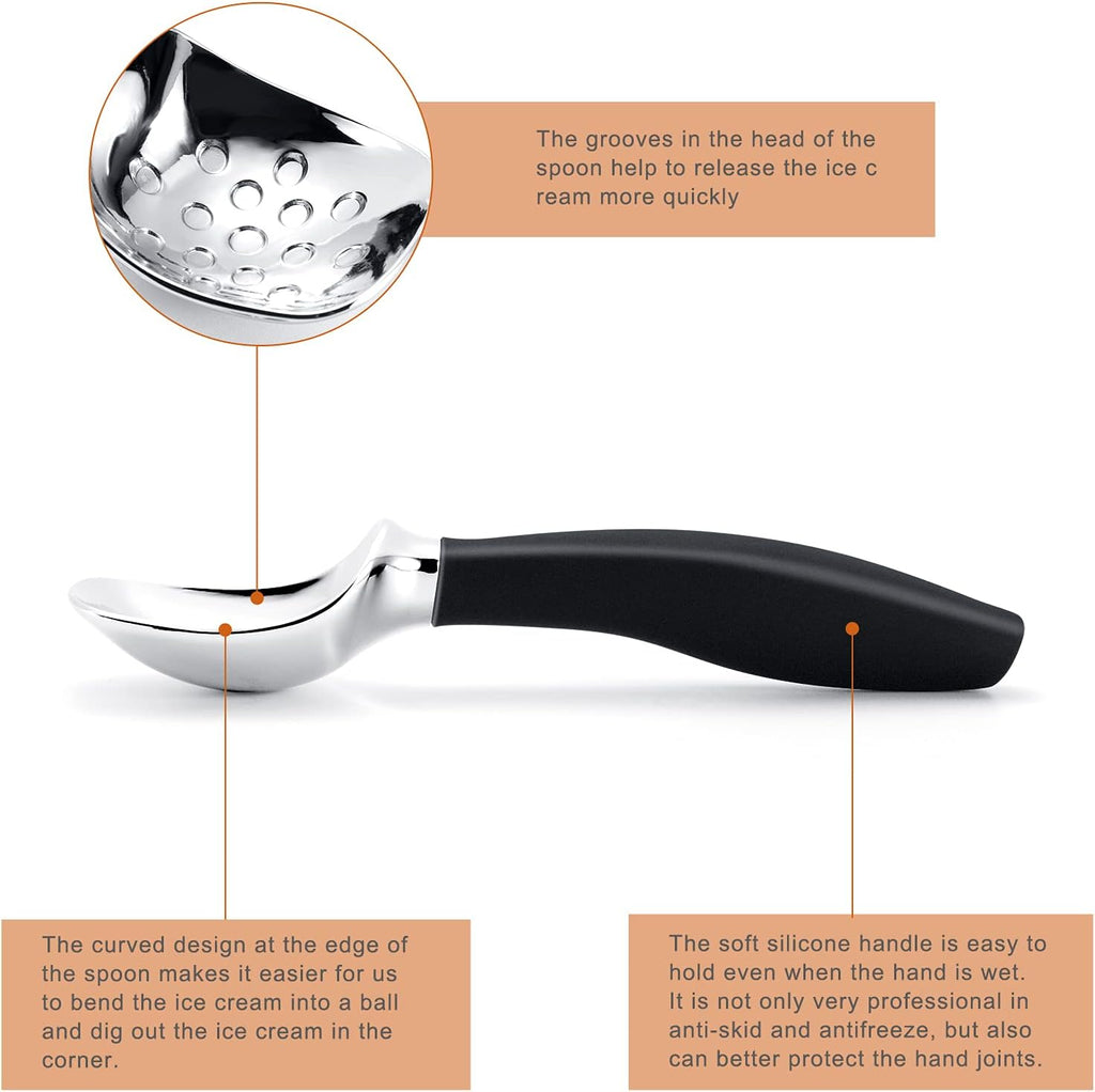 Professional Ice Cream Scoop with Ergonomic Anti-Slip Handle - Rust-Proof Zinc Alloy, Anti-Freeze Design for Home & Commercial Use (Black)