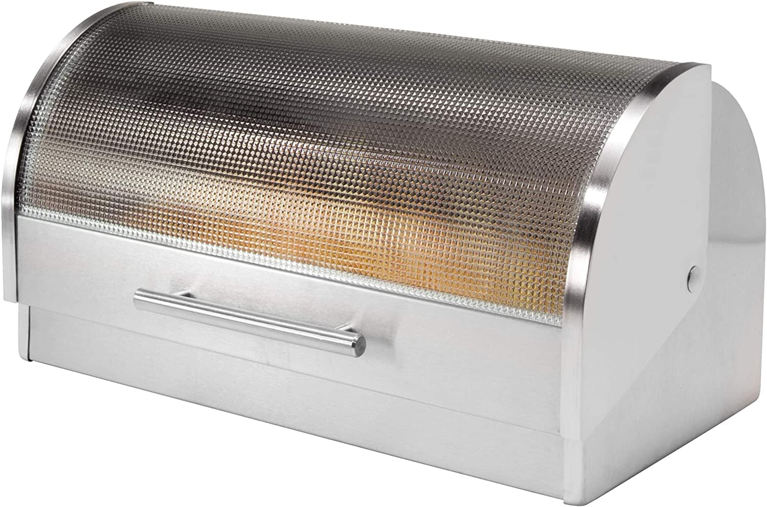Oggi Stainless Steel Roll Top Bread Box with Frosted Plexiglass Lid - Accommodates Multiple Loaves and Various Baked Goods Including Cookies, Bagels, and Muffins