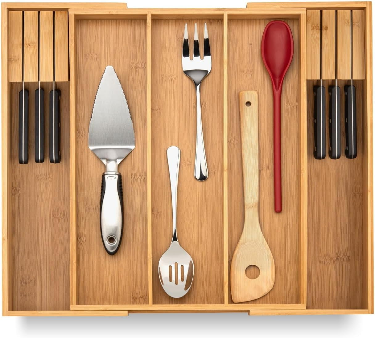 Maximize Your Space with the Purawood Expandable Bamboo Drawer Organizer - Elegant Natural Finish with Adjustable 7-9 Slots for Utensils and More
