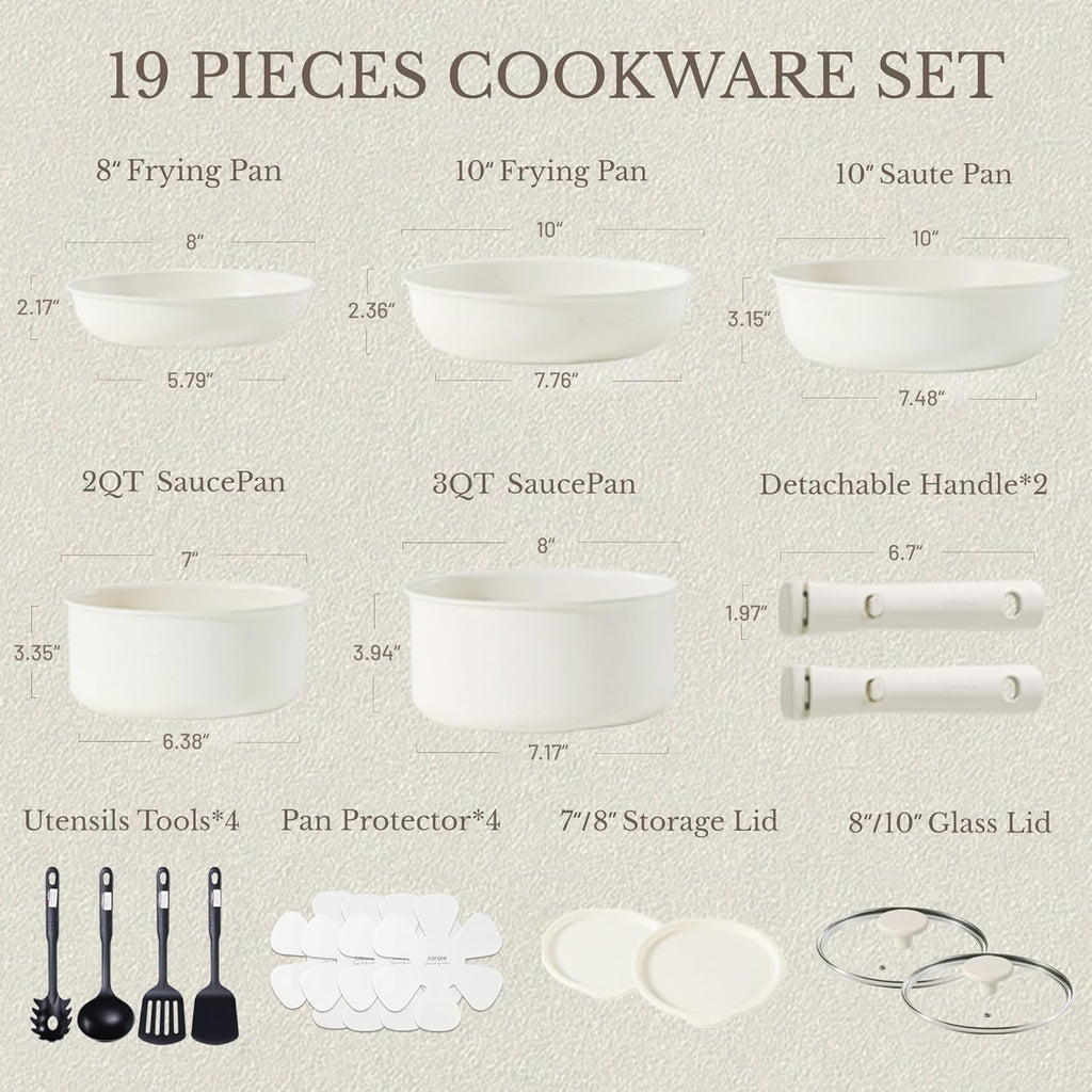 19Pcs Pots and Pans Set Non Stick, Cookware Sets, Kitchen Set, Oven/Fridge Safe, Space Saving Pots Set, Nonstick Cooking Set with Versatile Detachable Handle, Induction RV Set, Cream White