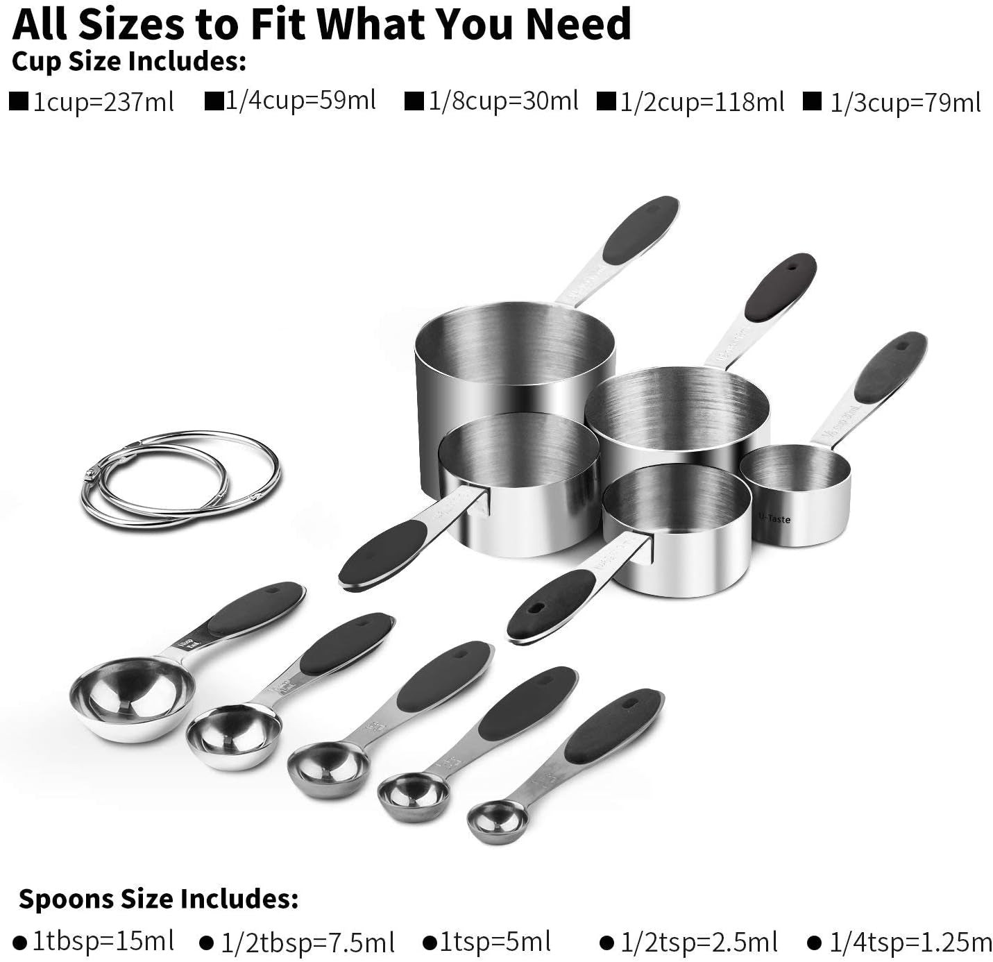 Measuring Cups :  18/8 Stainless Steel Measuring Cups and Spoons Set of 10 Piece, Upgraded Thickness Handle(Black)