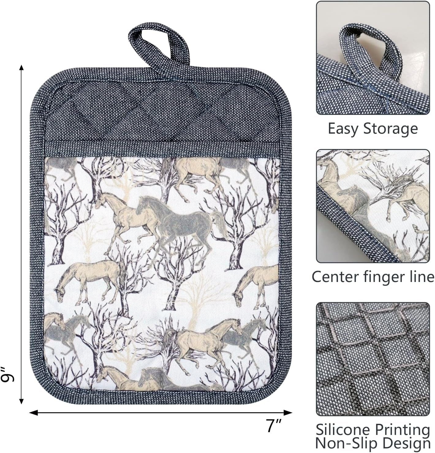 Pot Holders Set of 3 Silicone Printing Non Slip Heat Resistant, Yarm-Dyed Hot Pads Cotton Home Kitchen Cooking Barbecue Microwave Women Men Machine Washable BBQ Grilling. (Gray Potholders)