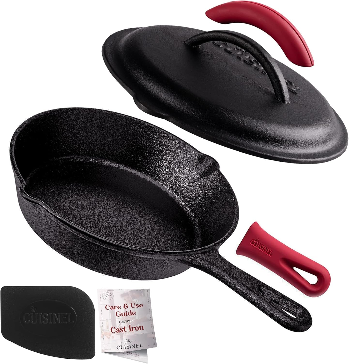 Cuisinel Pre-Seasoned Cast Iron Skillet Set with Lids - 8", 10", and 12" Covered Frying Pans with Silicone Handles, Lid Holders, and Cleaning Scraper for Versatile Indoor/Outdoor Cooking