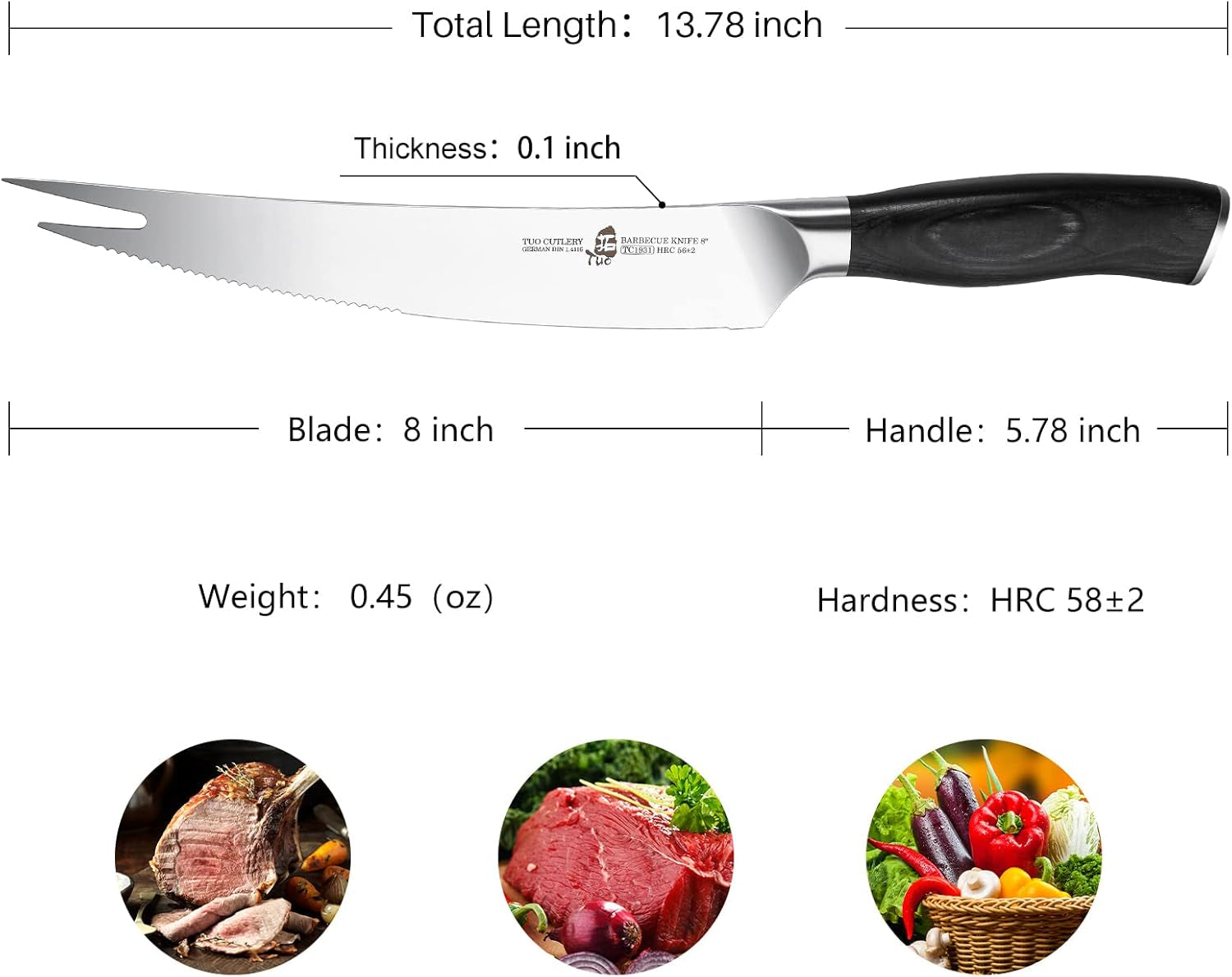 BBQ Knife, 8 Inch Roast Cutting Knife with Fork Tip for Grilled Meat Cutting, Serrated Edge, High Carbon German Steel, Comfortable Pakkawood Handle