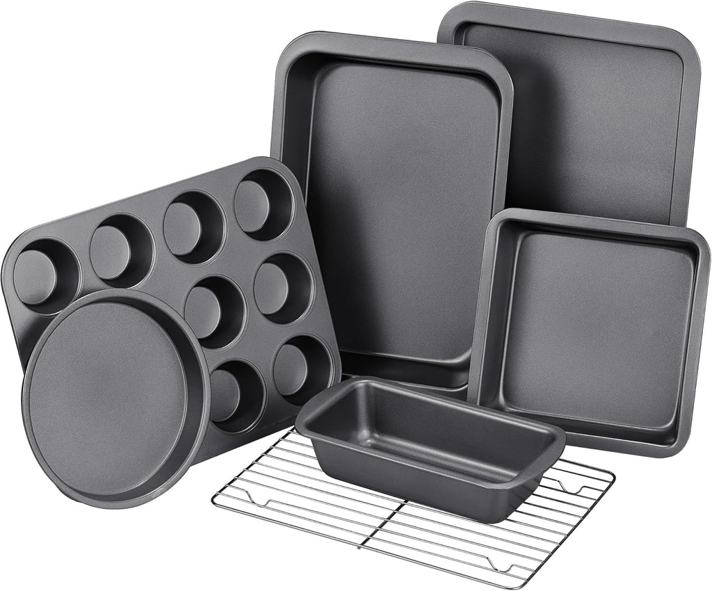 Baking Pans Sets, Nonstick Bakeware Sets 7-Piece with Round/Square Cake Pan, Loaf Pan, Muffin Pan, Cookie Sheet, Roast Pan, Cooling Rack, Carbon Steel Bake Set