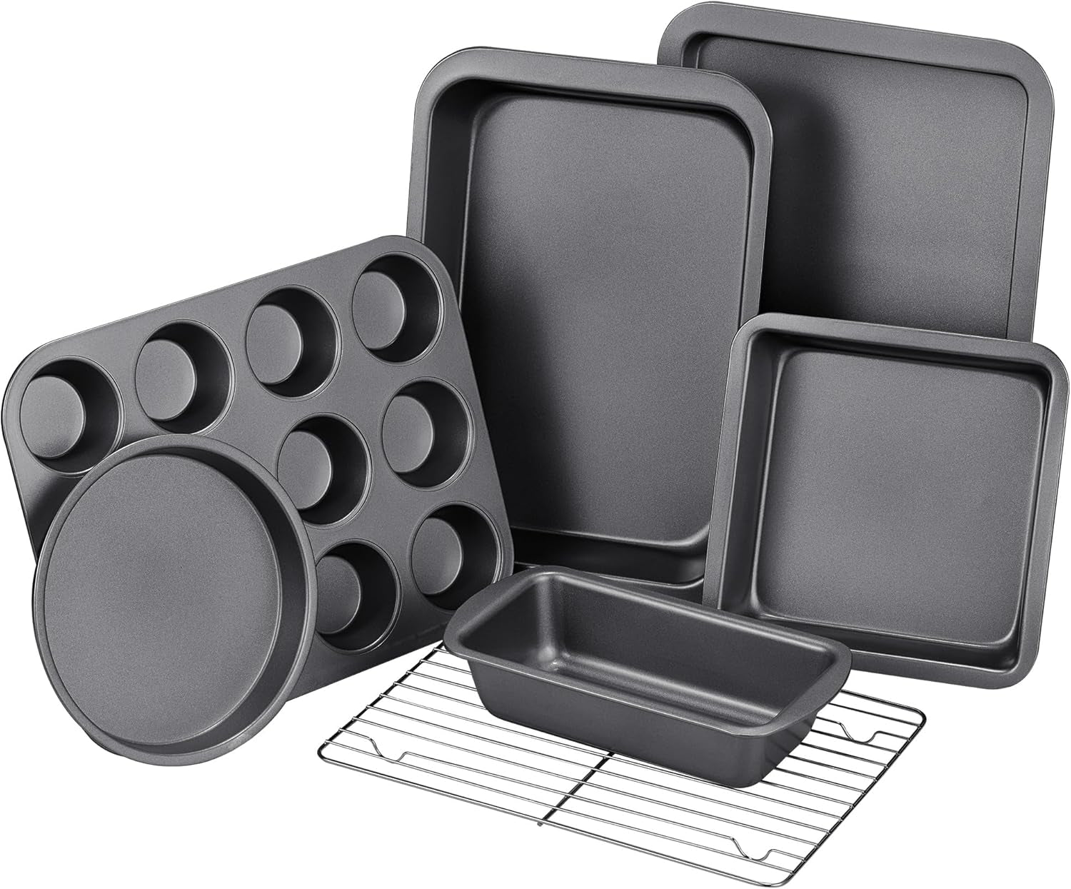 Baking Pans Sets, Nonstick Bakeware Sets 7-Piece with Round/Square Cake Pan, Loaf Pan, Muffin Pan, Cookie Sheet, Roast Pan, Cooling Rack, Carbon Steel Bake Set