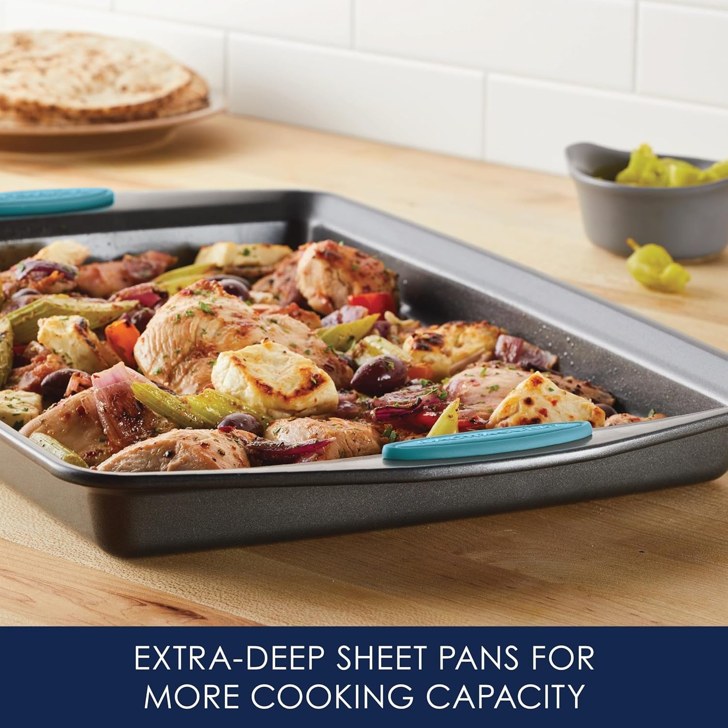 Bakeware Nonstick Cookie Pan Set, 3-Piece, Gray with Agave Blue Grips