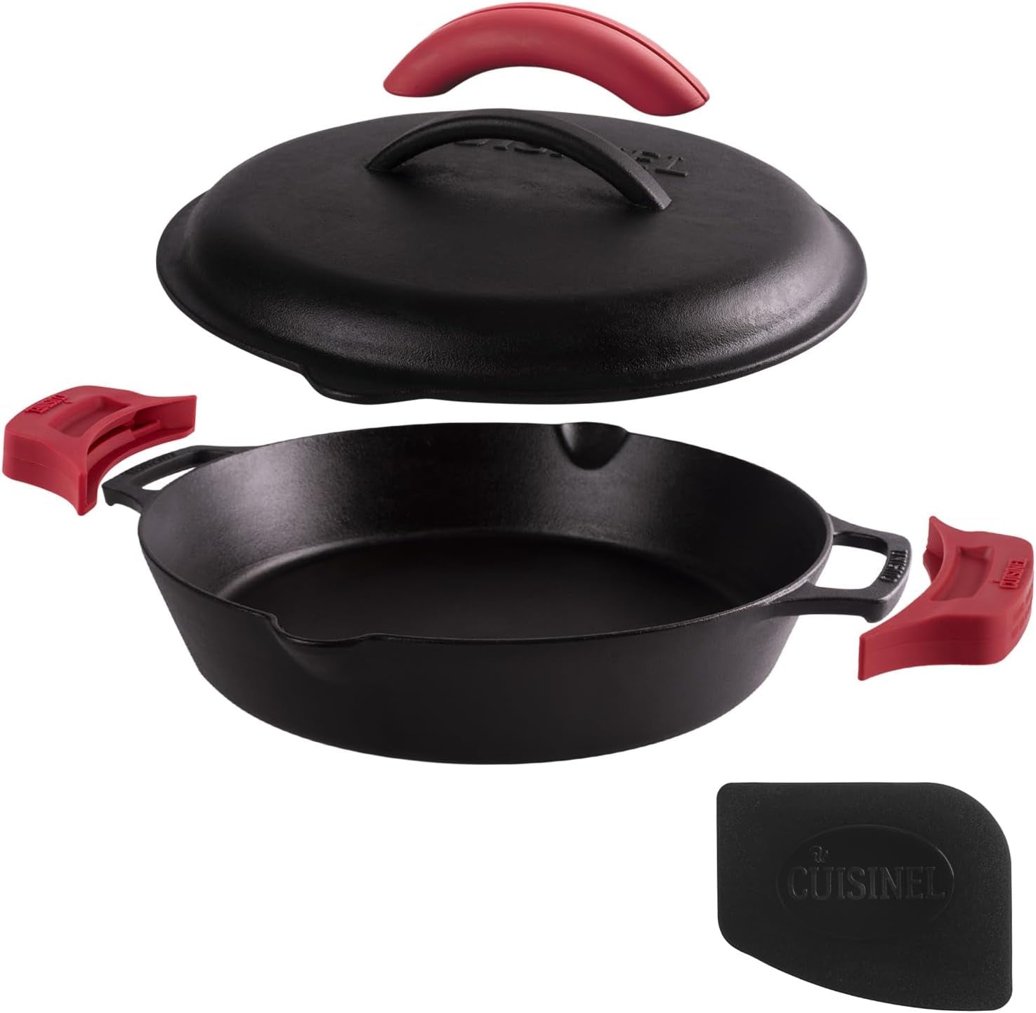 Cuisinel Pre-Seasoned Cast Iron Skillet Set with Lids - 8", 10", and 12" Covered Frying Pans with Silicone Handles, Lid Holders, and Cleaning Scraper for Versatile Indoor/Outdoor Cooking