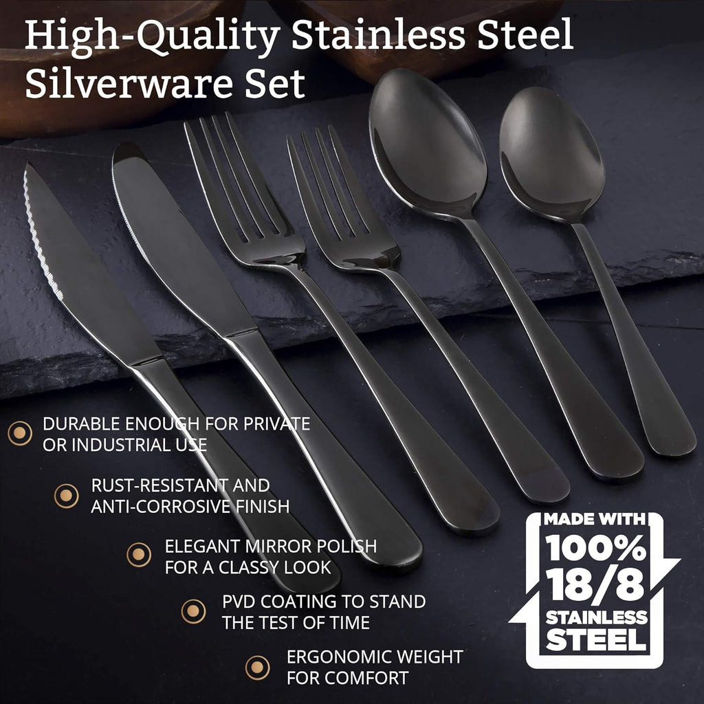 Elegant 24-Piece 18/8 Stainless Steel Silverware Set for 4 - Ergonomic, Dishwasher Safe, Mirror Finish Flatware in Black - Rust-Proof & Stylish Utensils
