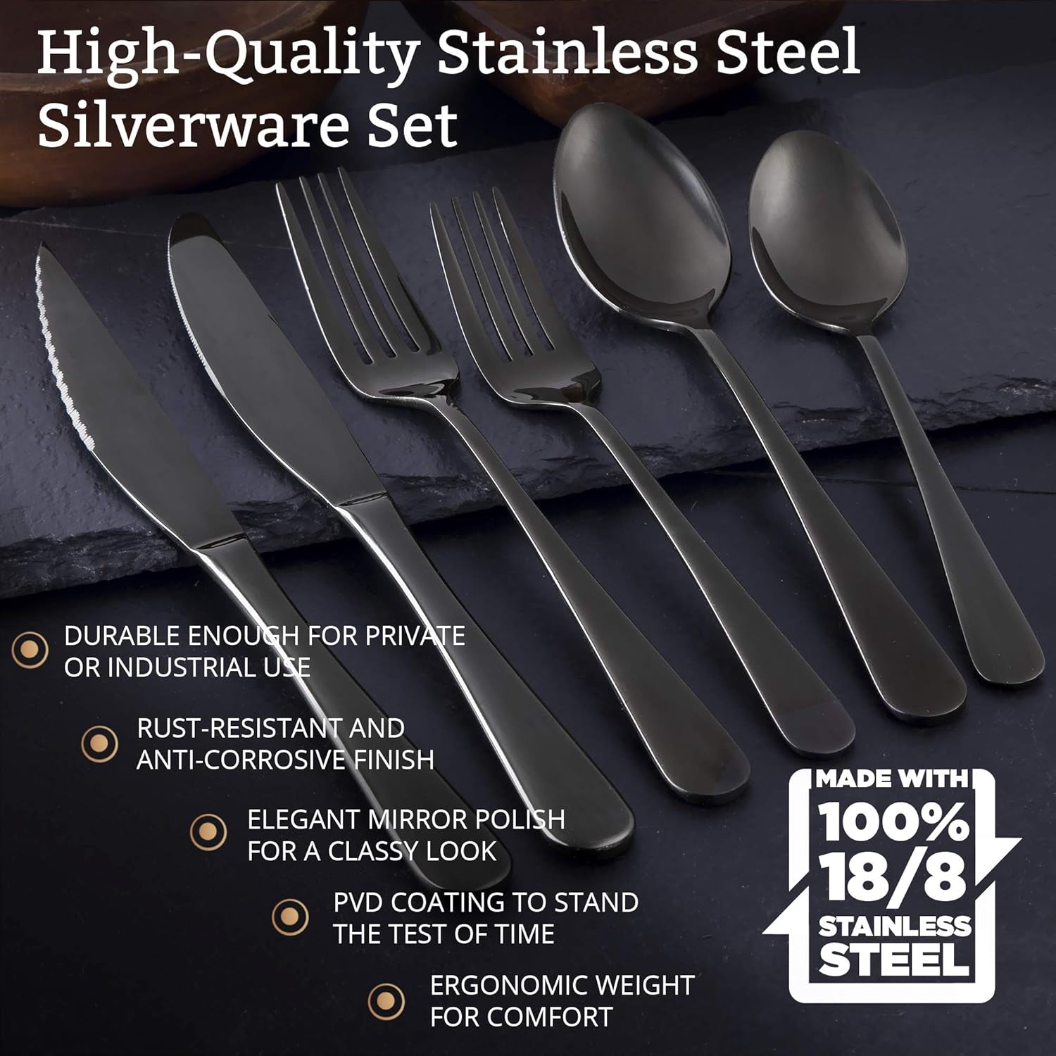 Elegant 24-Piece 18/8 Stainless Steel Silverware Set for 4 - Ergonomic, Dishwasher Safe, Mirror Finish Flatware in Black - Rust-Proof & Stylish Utensils