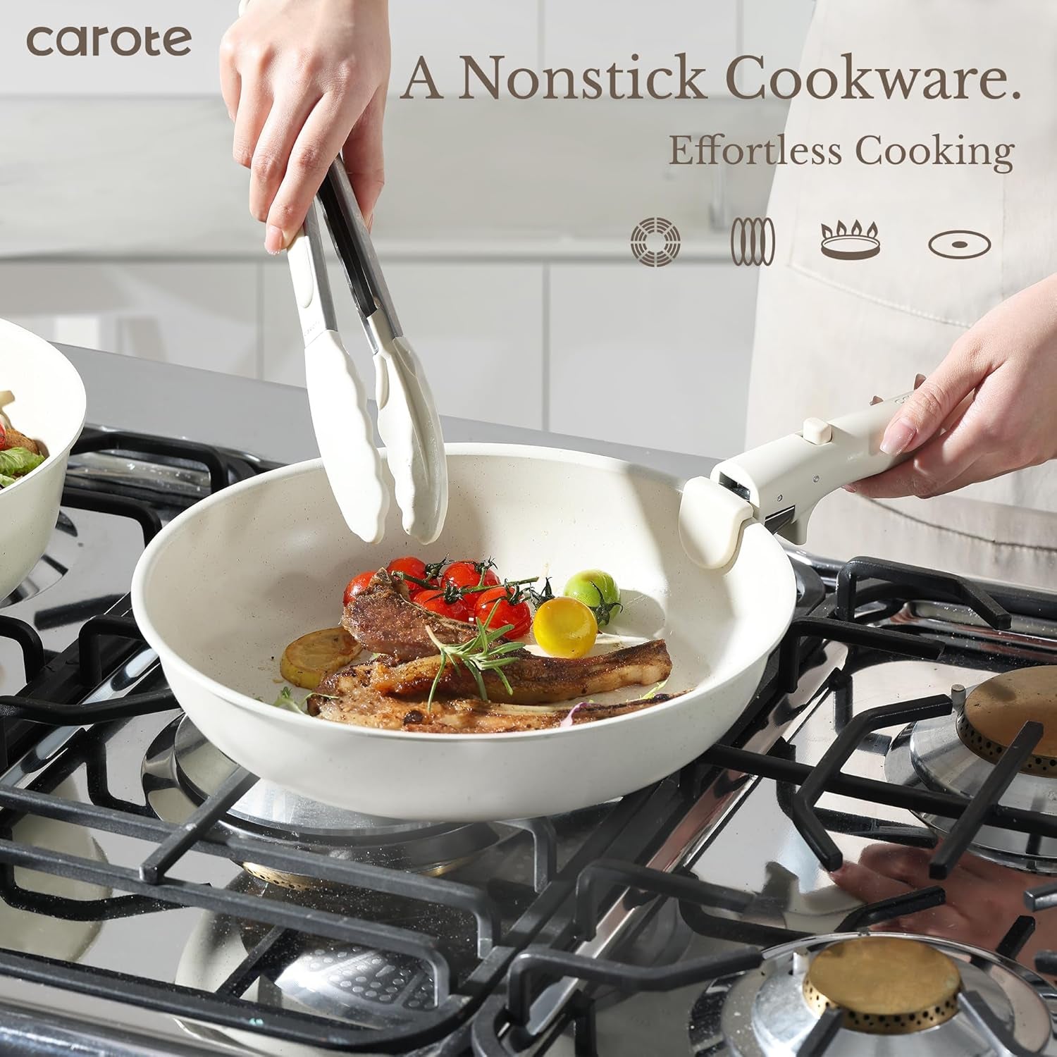 19Pcs Pots and Pans Set Non Stick, Cookware Sets, Kitchen Set, Oven/Fridge Safe, Space Saving Pots Set, Nonstick Cooking Set with Versatile Detachable Handle, Induction RV Set, Cream White