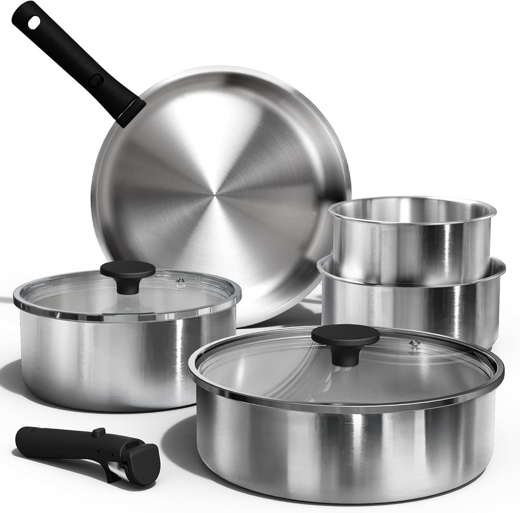 Pots and Pans Set, Stainless Steel Cookware Set Detachable Handle, 9Pcs Induction Kitchen Cookware Sets with Removable Handle, RV Cookware Set, Oven Safe
