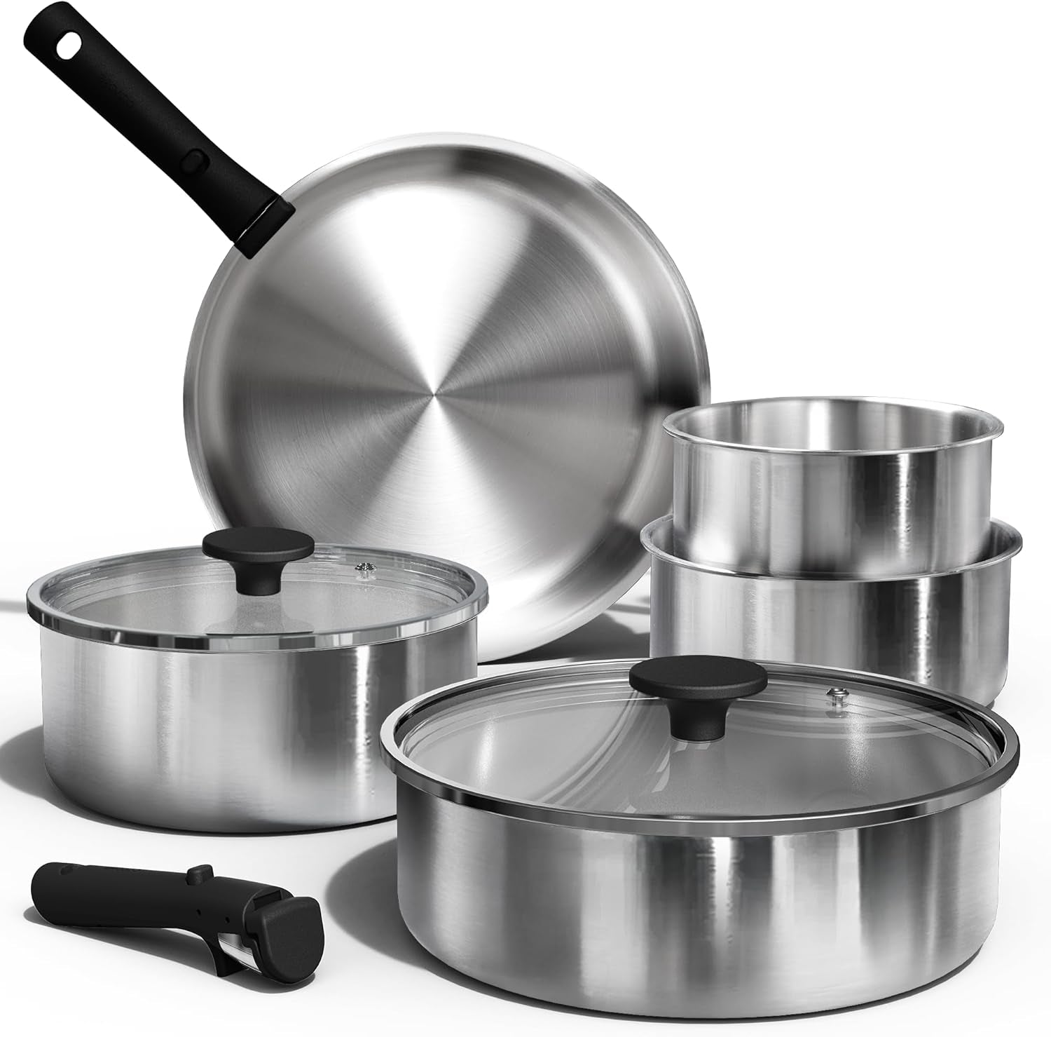 Pots and Pans Set, Stainless Steel Cookware Set Detachable Handle, 9Pcs Induction Kitchen Cookware Sets with Removable Handle, RV Cookware Set, Oven Safe