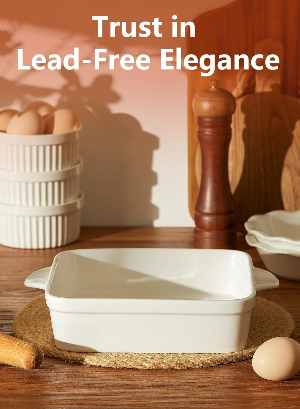 8X8 Inch Square Porcelain Baking Dish with Double Handles - Non-Stick Oven Casserole Pan for Brownie, Lasagna, Roasting - Great for Serving or Cooking