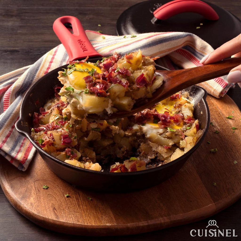 Cuisinel Pre-Seasoned Cast Iron Skillet Set with Lids - 8", 10", and 12" Covered Frying Pans with Silicone Handles, Lid Holders, and Cleaning Scraper for Versatile Indoor/Outdoor Cooking