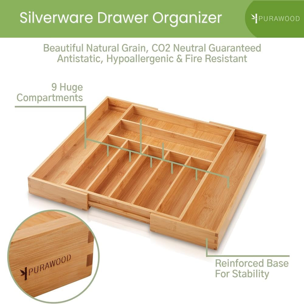 Maximize Your Space with the Purawood Expandable Bamboo Drawer Organizer - Elegant Natural Finish with Adjustable 7-9 Slots for Utensils and More