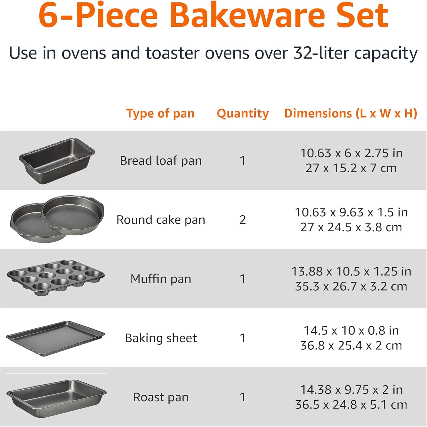 6 Piece Nonstick, Carbon Steel Oven Safe Bakeware Set with Cake, Muffin, Cookie, and Loaf Pans, 6 Piece, 16.25 X 11.75 X 6.25 Inches