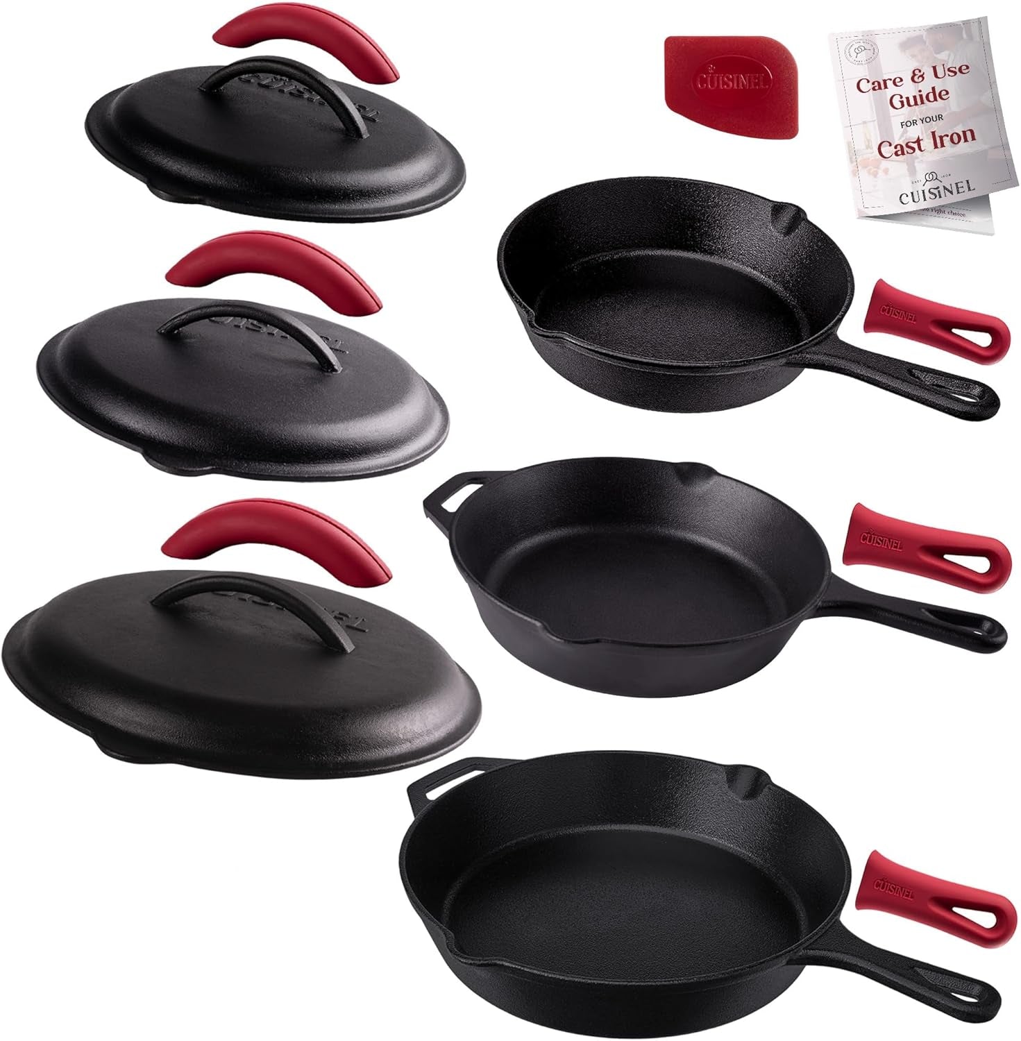 Cuisinel Pre-Seasoned Cast Iron Skillet Set with Lids - 8", 10", and 12" Covered Frying Pans with Silicone Handles, Lid Holders, and Cleaning Scraper for Versatile Indoor/Outdoor Cooking