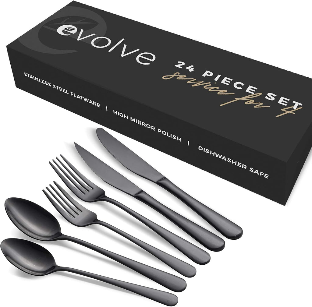 Elegant 24-Piece 18/8 Stainless Steel Silverware Set for 4 - Ergonomic, Dishwasher Safe, Mirror Finish Flatware in Black - Rust-Proof & Stylish Utensils