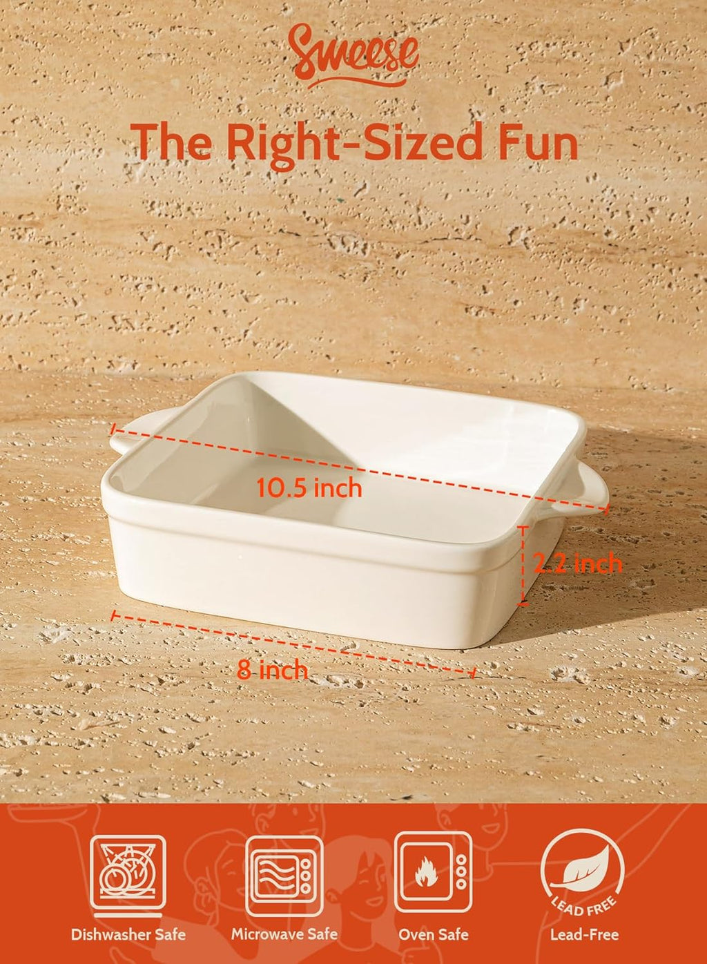 8X8 Inch Square Porcelain Baking Dish with Double Handles - Non-Stick Oven Casserole Pan for Brownie, Lasagna, Roasting - Great for Serving or Cooking