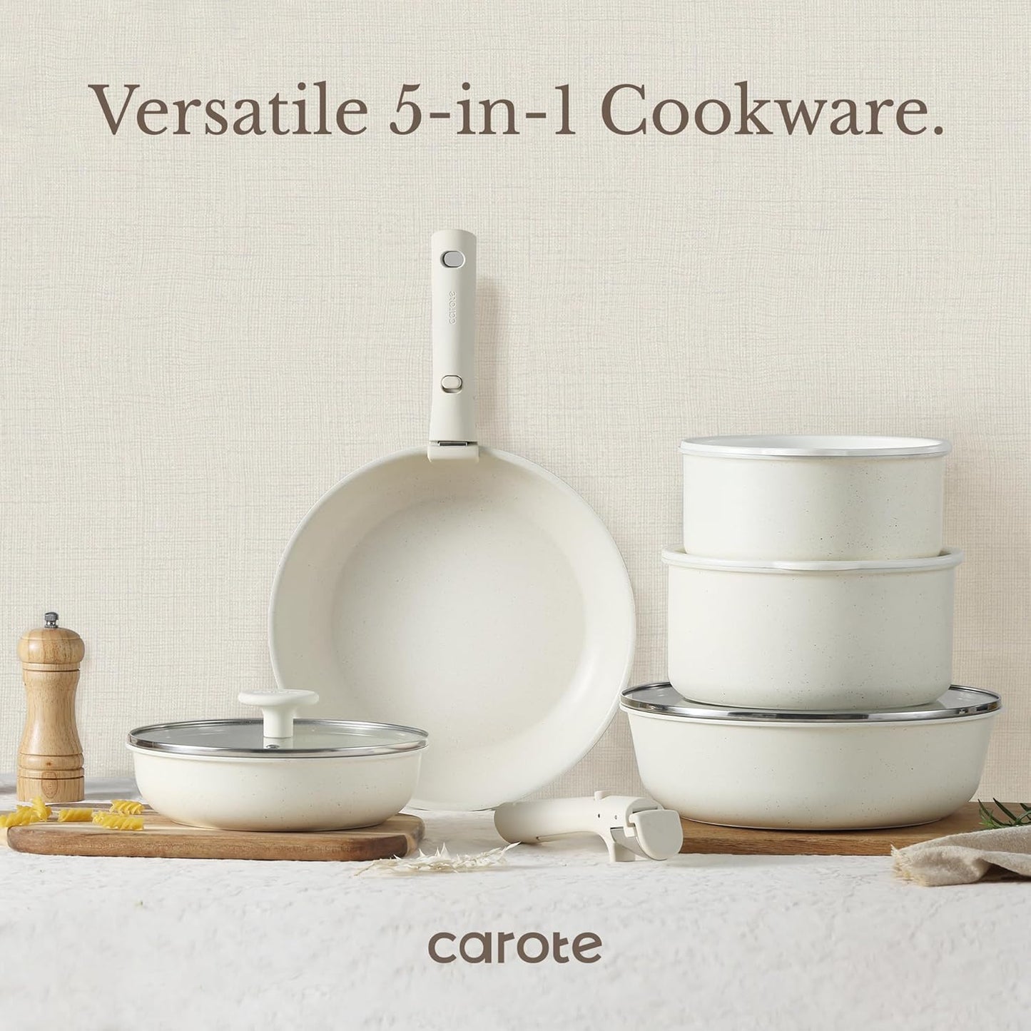 19Pcs Pots and Pans Set Non Stick, Cookware Sets, Kitchen Set, Oven/Fridge Safe, Space Saving Pots Set, Nonstick Cooking Set with Versatile Detachable Handle, Induction RV Set, Cream White