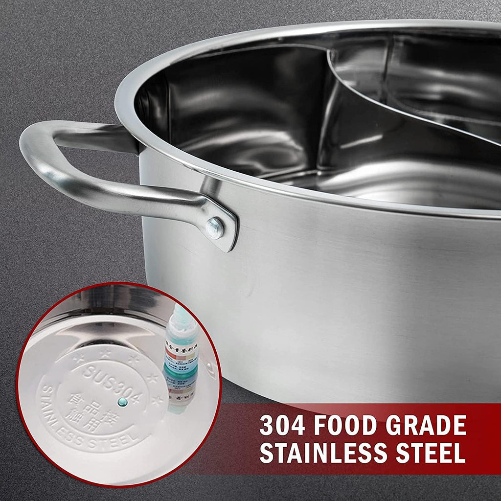 13Inch Hot Pot with Divider Lid Stainless Steel Shabu Shabu Pot for Induction Cooktop Gas Stove Kitchen Cooker, Dual Sided Soup Cookware with 2 Soup Ladles