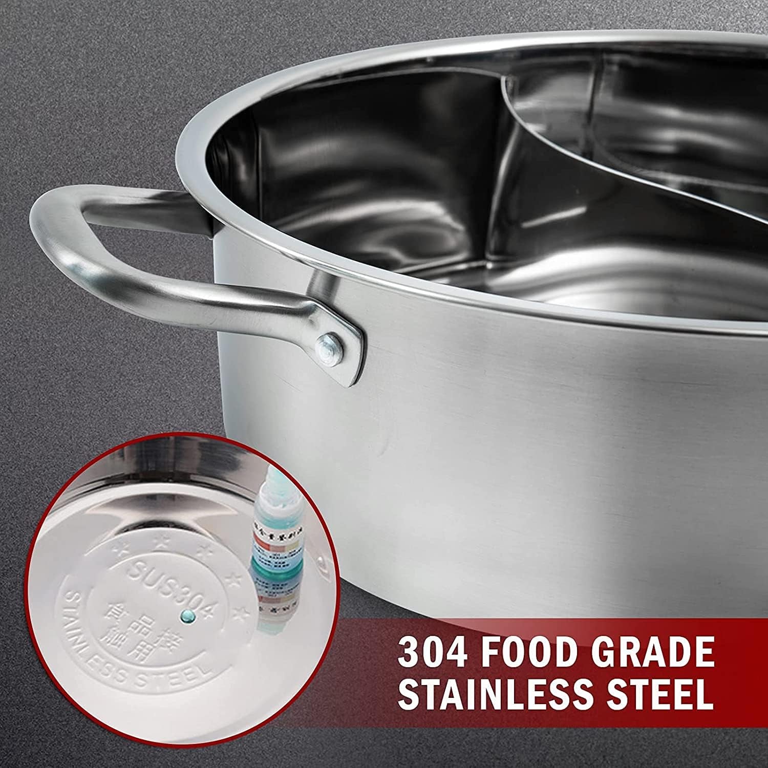 13Inch Hot Pot with Divider Lid Stainless Steel Shabu Shabu Pot for Induction Cooktop Gas Stove Kitchen Cooker, Dual Sided Soup Cookware with 2 Soup Ladles