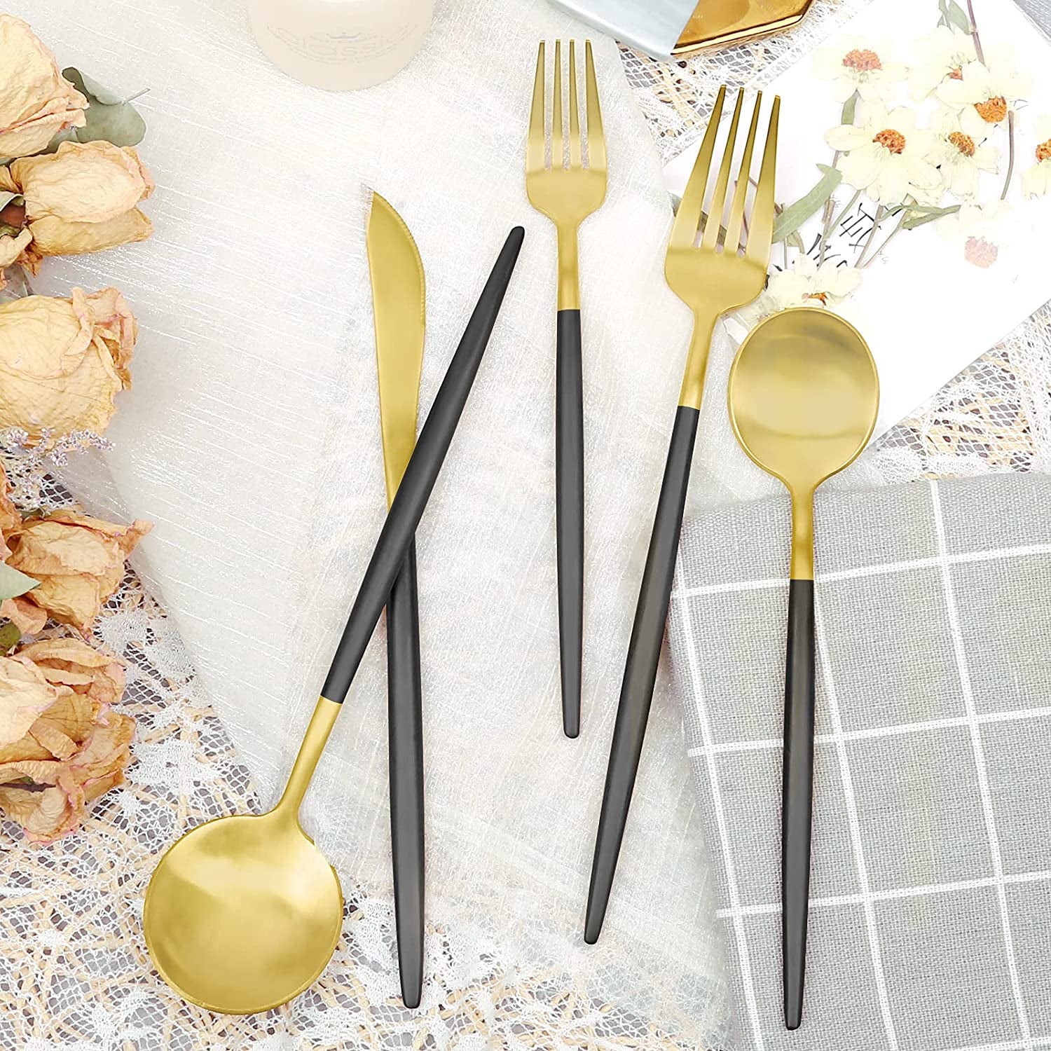 Elegant Matte Black & Gold Stainless Steel Silverware Set - 30 Pieces, Service for 6, Dishwasher Safe Cutlery for Stylish Dining