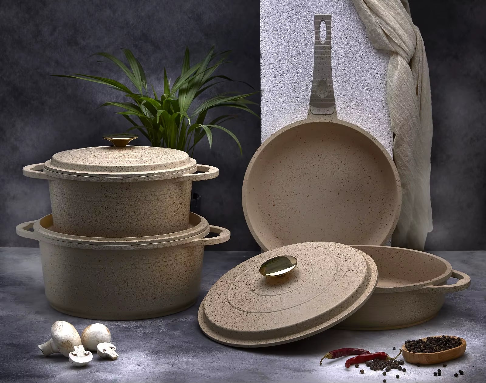 Modern Design 3-Pot 1-Pan Cookware Set High Quality Iron Glass Silicone Metal Nonstick for Gas Induction Stove Kitchen Use