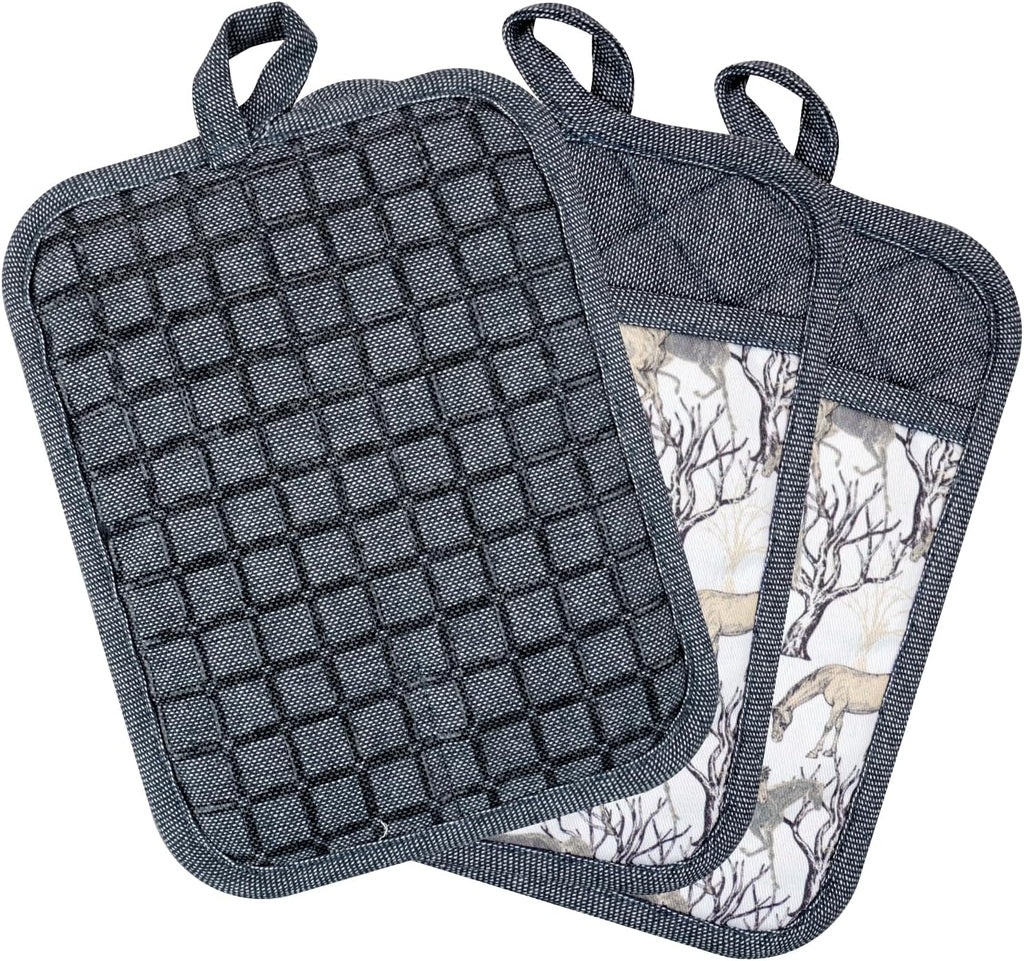 Pot Holders Set of 3 Silicone Printing Non Slip Heat Resistant, Yarm-Dyed Hot Pads Cotton Home Kitchen Cooking Barbecue Microwave Women Men Machine Washable BBQ Grilling. (Gray Potholders)