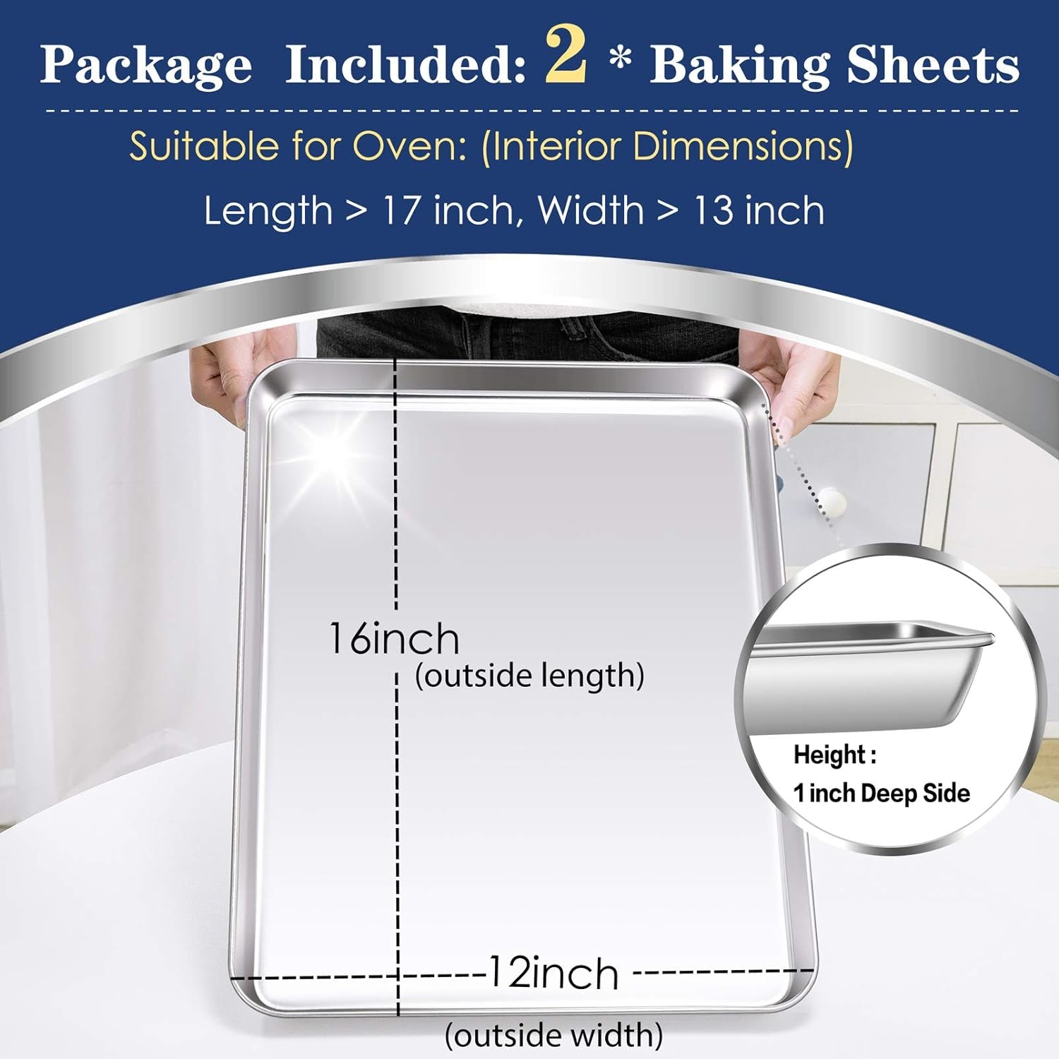 16 Inch Baking Cookie Sheet, Oven Pan Tray Stainless Steel Sheet Pan for Kitchen, Oven Bakeware for Multi Uses, Shiny Look & Dishwasher Safe, Healthy & Heavy Duty, 2Pcs
