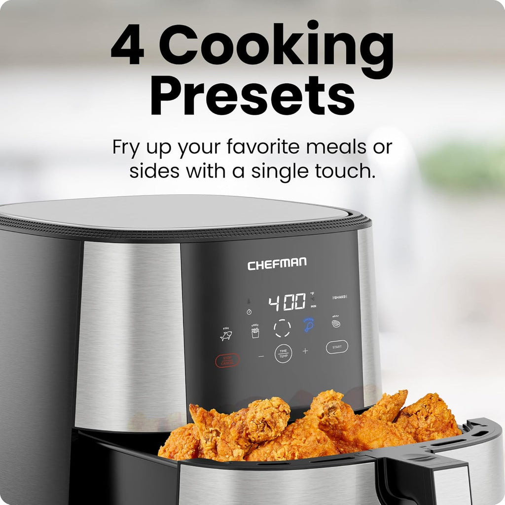 Turbofry® Touch Air Fryer, XL 8-Qt Family Size, One-Touch Digital Control Presets, French Fries, Chicken, Meat, Fish, Nonstick Dishwasher-Safe Parts, Automatic Shutoff, Stainless Steel