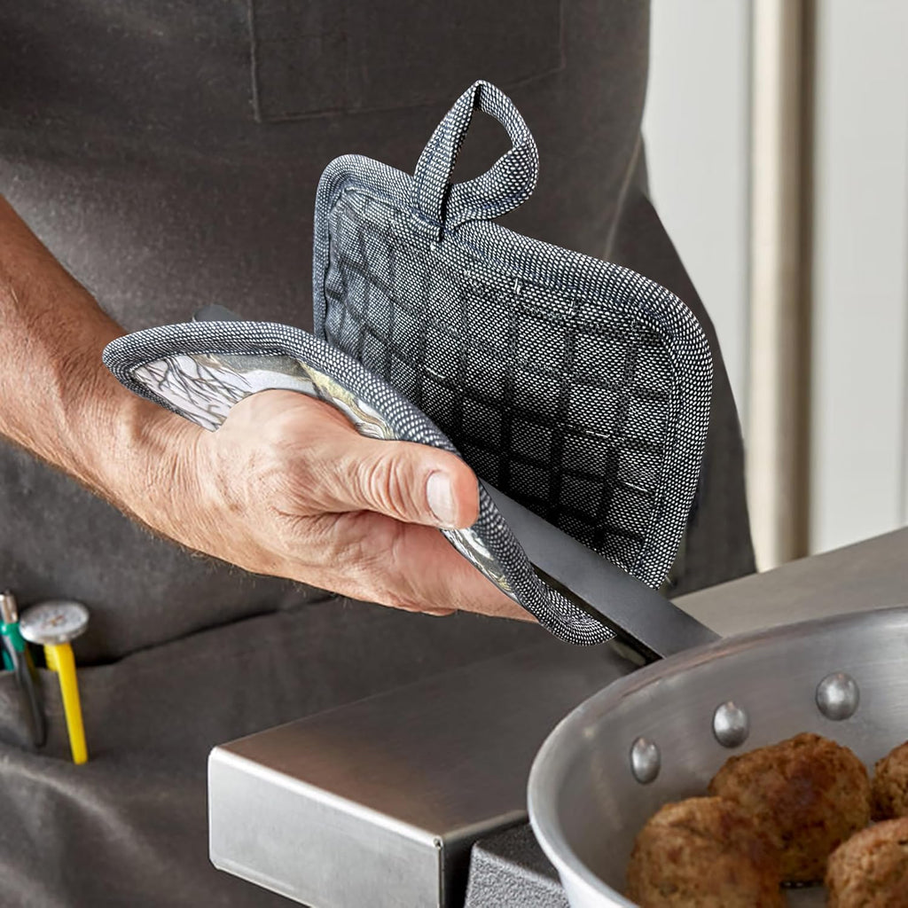 Pot Holders Set of 3 Silicone Printing Non Slip Heat Resistant, Yarm-Dyed Hot Pads Cotton Home Kitchen Cooking Barbecue Microwave Women Men Machine Washable BBQ Grilling. (Gray Potholders)