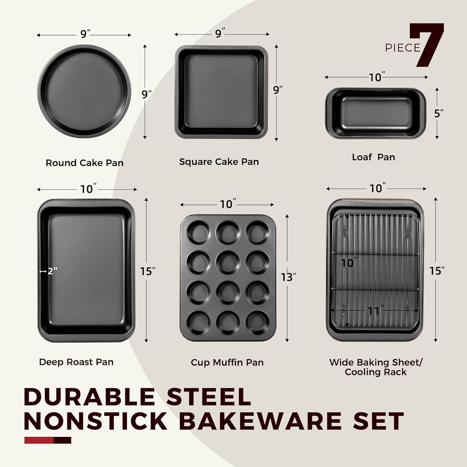 Baking Pans Sets, Nonstick Bakeware Sets 7-Piece with Round/Square Cake Pan, Loaf Pan, Muffin Pan, Cookie Sheet, Roast Pan, Cooling Rack, Carbon Steel Bake Set